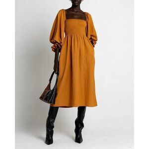 O.P.T. Athena Puff Sleeve Midi Dress Smocked A Line Gold Dust Womens Size XS #19